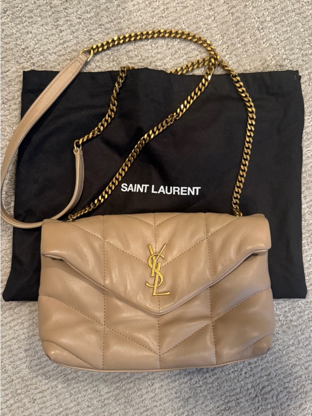 Saint Laurent Taupe Quilted Leather Shoulder Bag with Gold Hardware